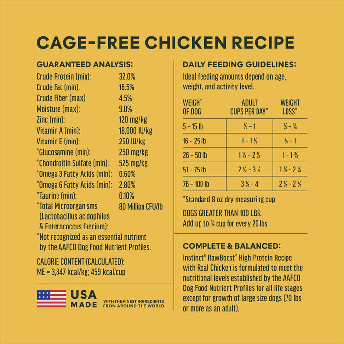 Instinct RawBoost+ Kibble Real Chicken Recipe dog 10 lb. ingredients, nutrition and feeding label