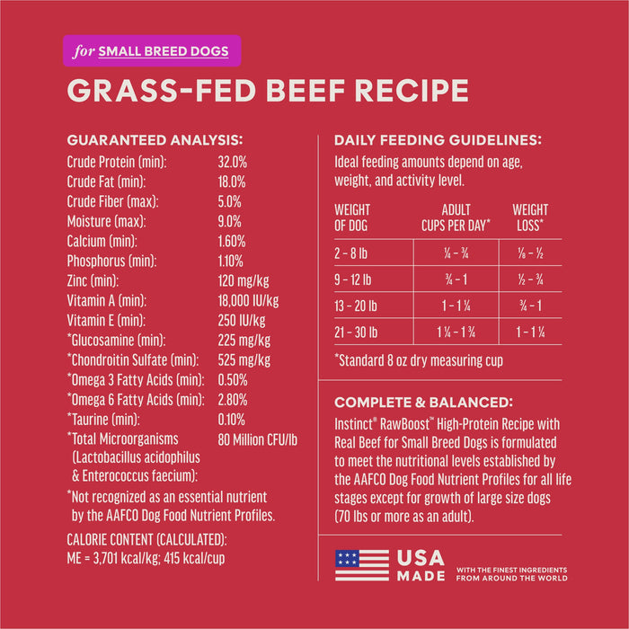 Instinct RawBoost+ Kibble for Small Breed Dogs Real Beef Recipe dog 10 lb. ingredients, nutrition and feeding label