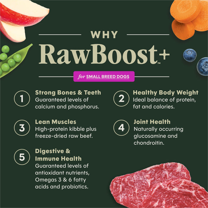 Instinct RawBoost+ Kibble for Small Breed Dogs Real Beef Recipe dog 10 lb. product benefits and recipe information