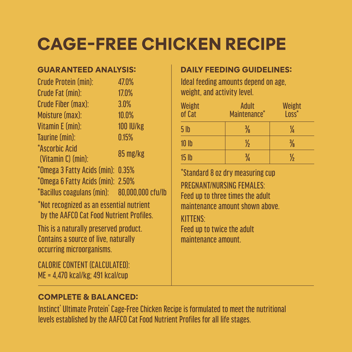 Instinct Ultimate Protein Kibble Cage-Free Chicken Recipe cat 10 lb. ingredients, nutrition and feeding label
