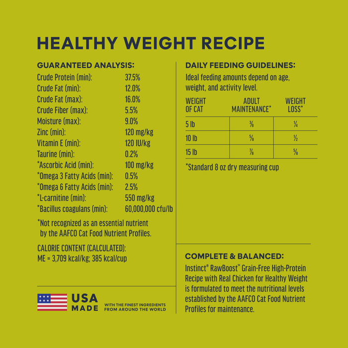 Instinct Raw Boost Kibble Healthy Weight Recipe cat 10 lb. ingredients, nutrition and feeding label