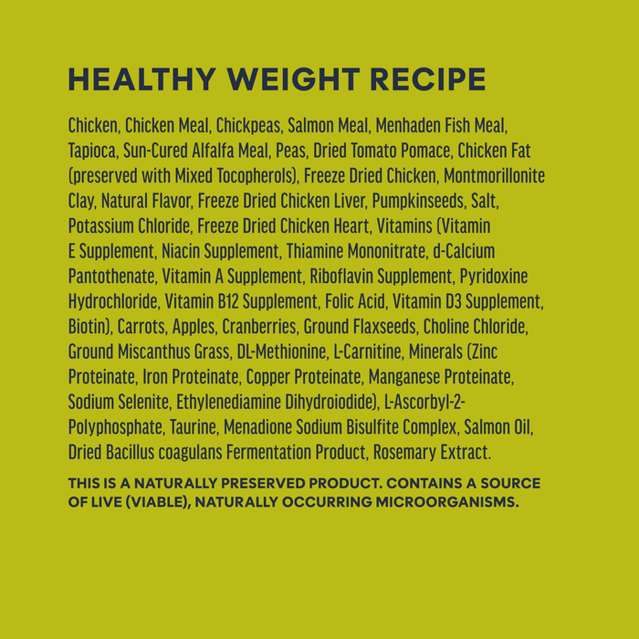 Instinct Raw Boost Kibble Healthy Weight Recipe cat 10 lb. ingredients, nutrition and feeding label
