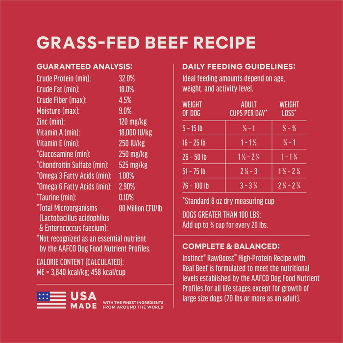 Instinct RawBoost+ Kibble Real Beef Recipe dog 10 lb. ingredients, nutrition and feeding label