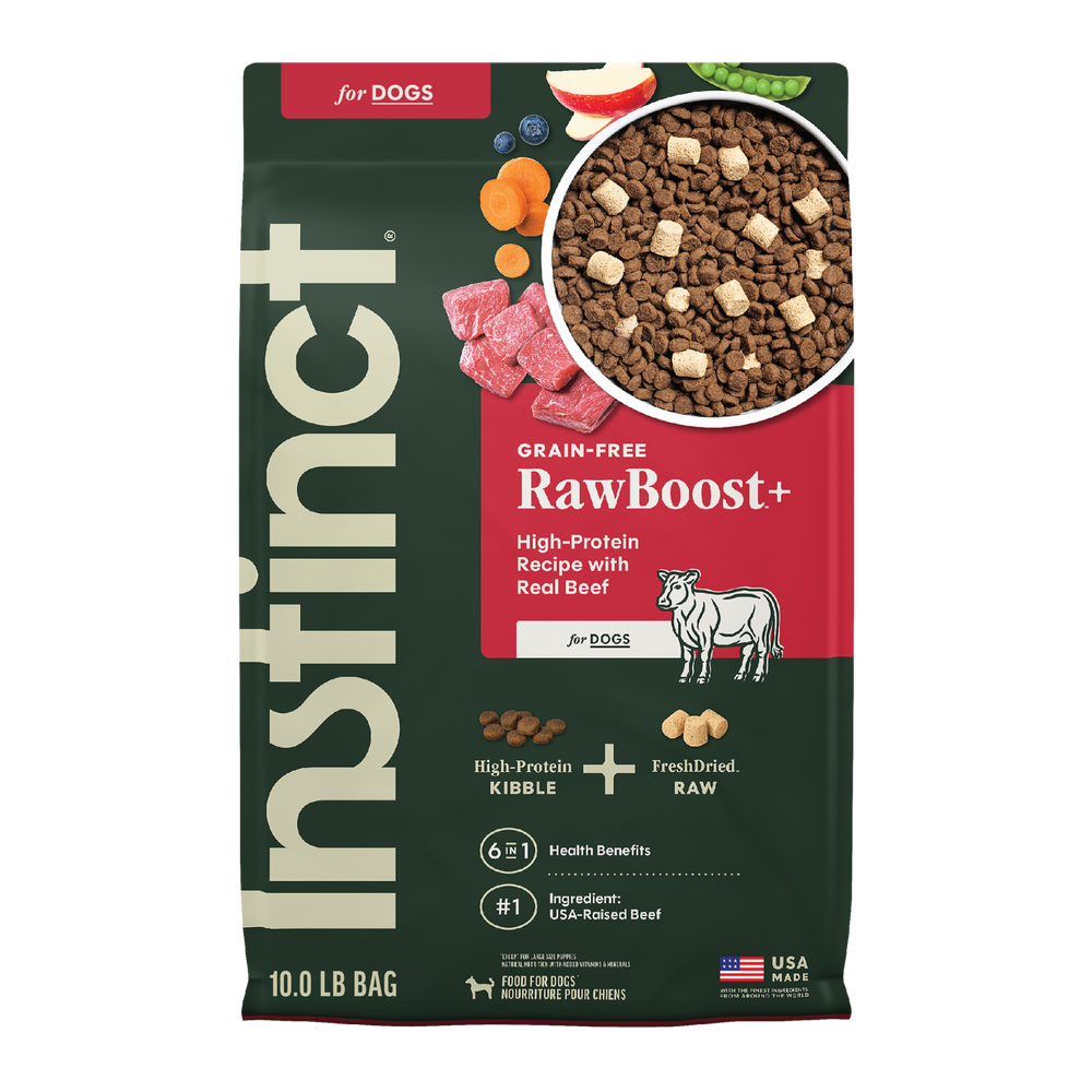 Instinct RawBoost+ Kibble Real Beef Recipe dog 10 lb. front package