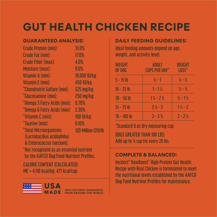 Instinct RawBoost+ Kibble Gut Health Recipe dog 18 lb. ingredients, nutrition and feeding label