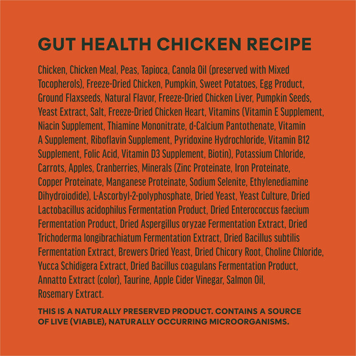 Instinct RawBoost+ Kibble Gut Health Recipe dog 18 lb. ingredients, nutrition and feeding label