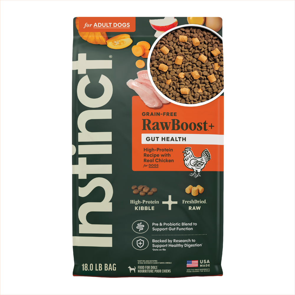Instinct RawBoost+ Kibble Gut Health Recipe dog 18 lb. front package
