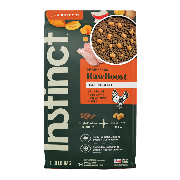 Instinct RawBoost+ Kibble Gut Health Recipe dog 18 lb. front package