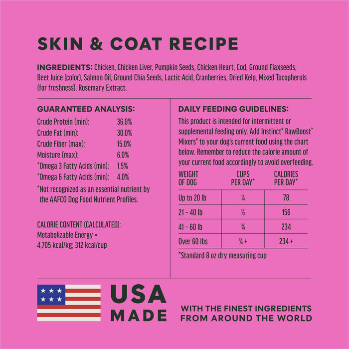 Instinct RawBoost+ Mixers Skin & Coat Health Recipe dog  ingredients, nutrition and feeding label