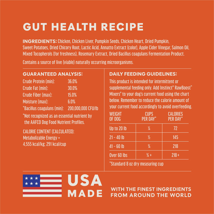 Instinct RawBoost+ Mixers Gut Health Recipe dog  ingredients, nutrition and feeding label