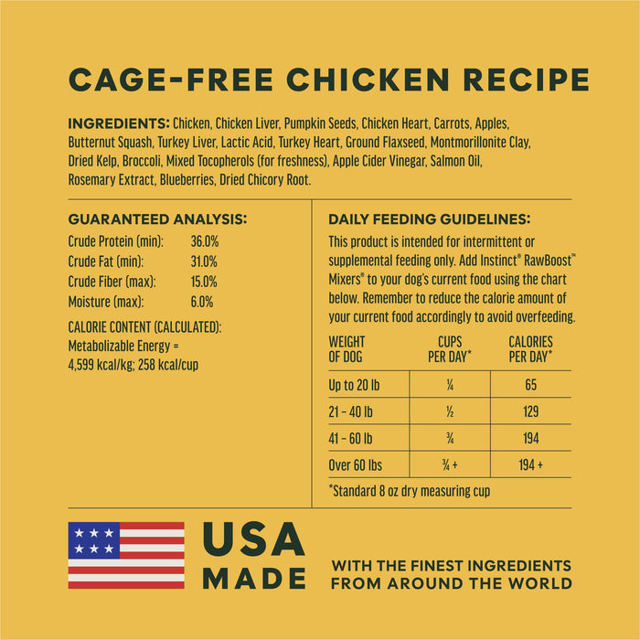 Instinct RawBoost+ Mixers Cage-Free Chicken Recipe dog  ingredients, nutrition and feeding label