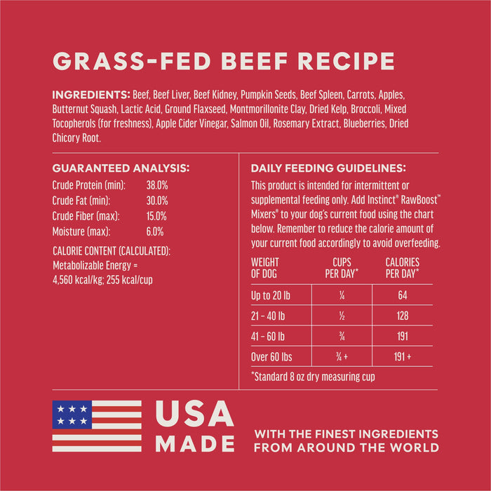 Instinct RawBoost+ Mixers Grass-Fed Beef Recipe dog  ingredients, nutrition and feeding label