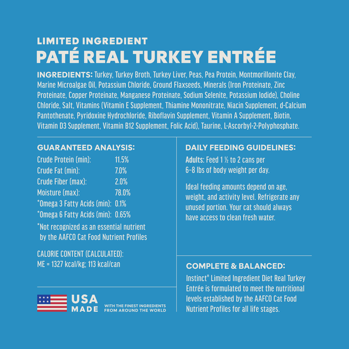 Instinct Limited Ingredient Diet Patés Real Turkey Recipe cat 3 oz. ingredients, nutrition and feeding label