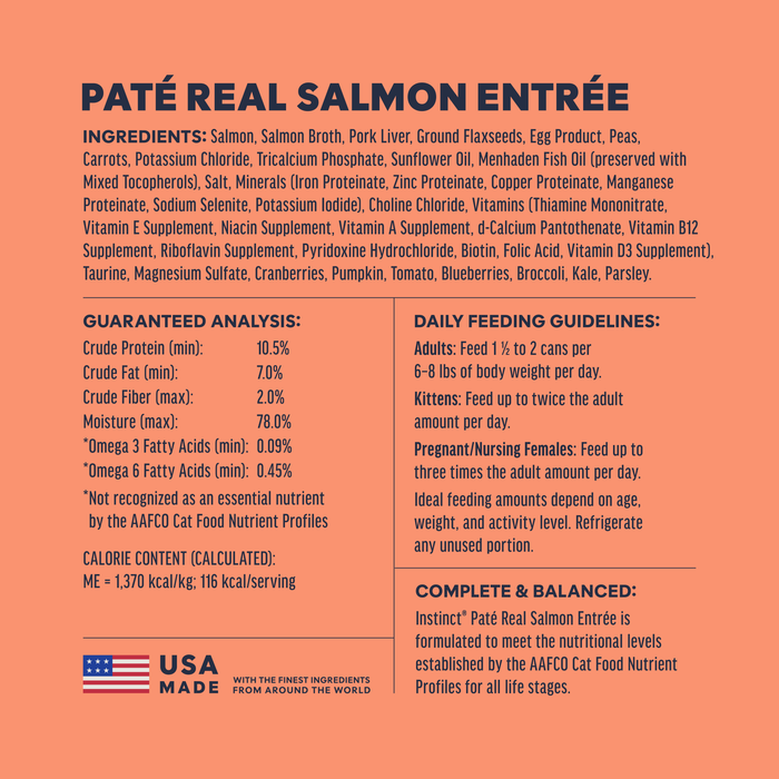 Instinct Original Patés Real Salmon Recipe cat 3 oz. ingredients, nutrition and feeding label