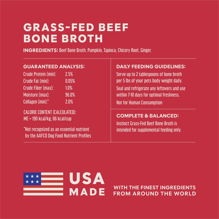 Instinct Grass-Fed Beef Bone Broth cat 16 oz. ingredients, nutrition and feeding label