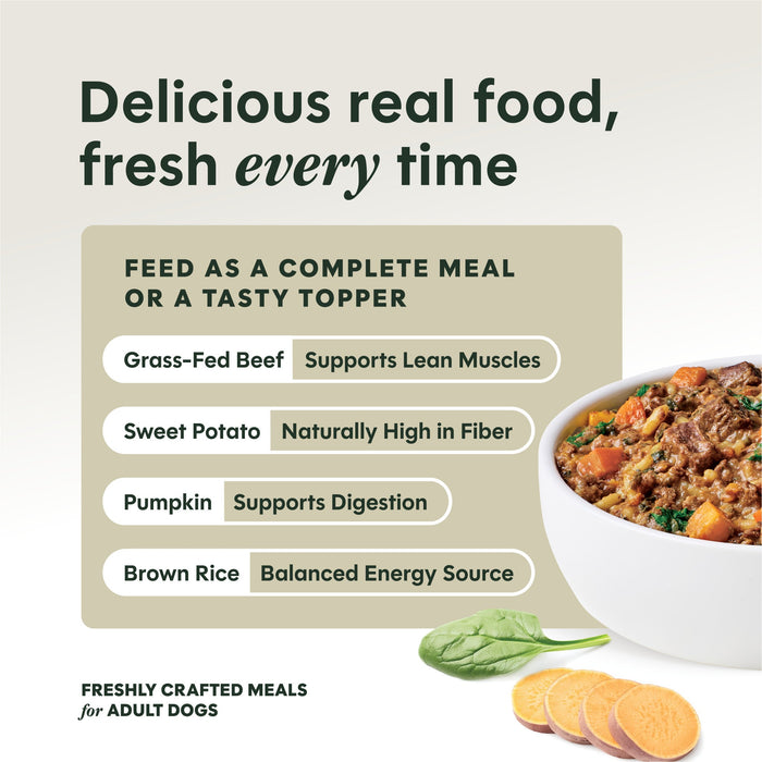 Instinct Freshly Crafted Meals Grass-Fed Beef Recipe dog 11 oz. product benefits and recipe information