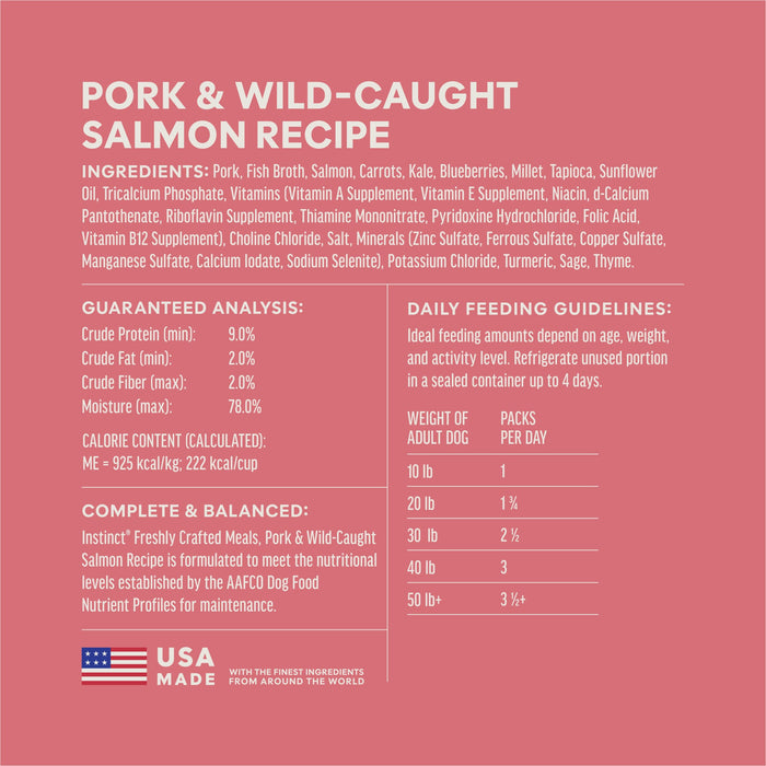 Instinct Freshly Crafted Meals Pork & Wild-Caught Salmon Recipe dog 11 oz. ingredients, nutrition and feeding label