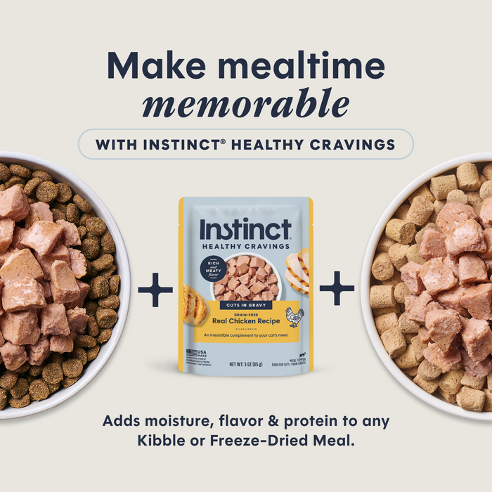 Instinct Healthy Cravings Toppers Real Chicken Recipe cat 3 oz. product benefits and recipe information