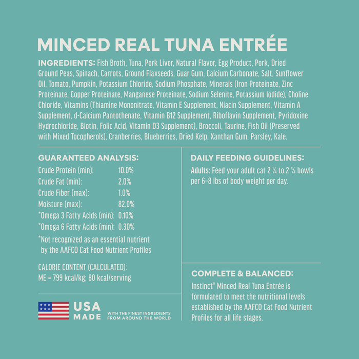 Instinct Minced Cups Tuna Recipe cat 3.5 oz. ingredients, nutrition and feeding label