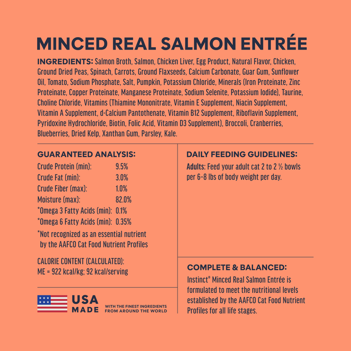 Instinct Minced Cups Salmon Recipe cat 3.5 oz. ingredients, nutrition and feeding label