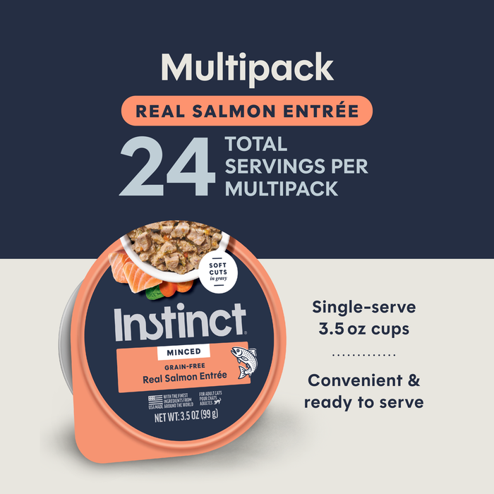 Instinct Minced Cups Salmon Recipe cat 3.5 oz. product benefits and recipe information