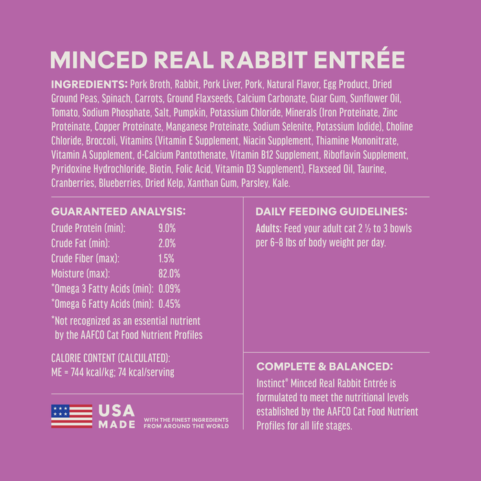 Instinct Minced Cups Rabbit Recipe cat 3.5 oz. ingredients, nutrition and feeding label