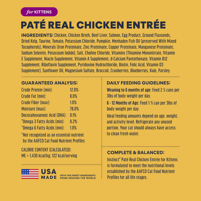 Instinct Original Patés for Kittens Chicken Recipe cat 3 oz. ingredients, nutrition and feeding label