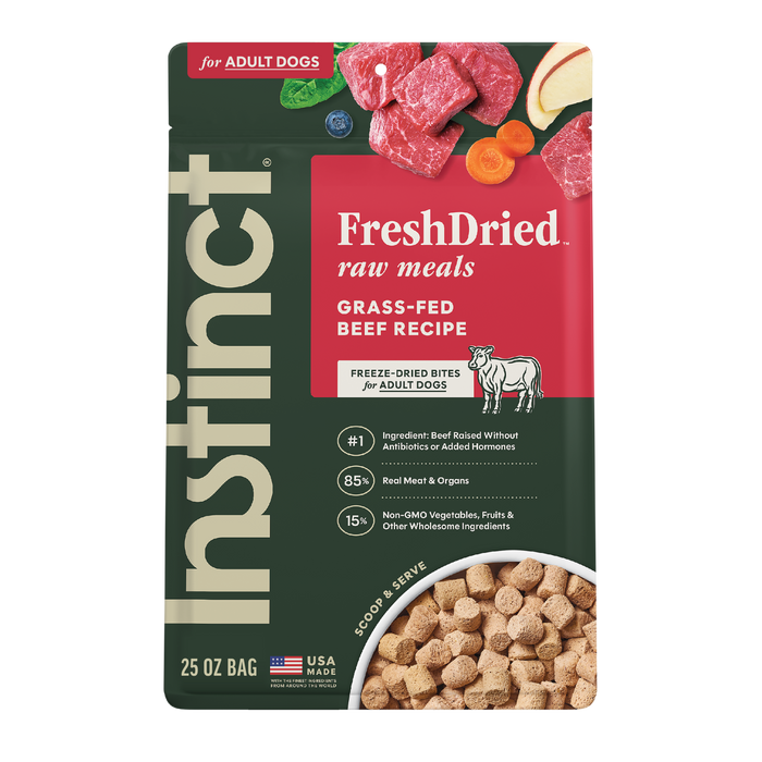 Instinct FreshDried Raw Meals Grass-Fed Beef Recipe dog 25 oz. front package