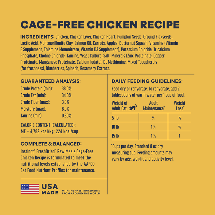 Instinct FreshDried Raw Meals Cage-Free Chicken Recipe cat  ingredients, nutrition and feeding label