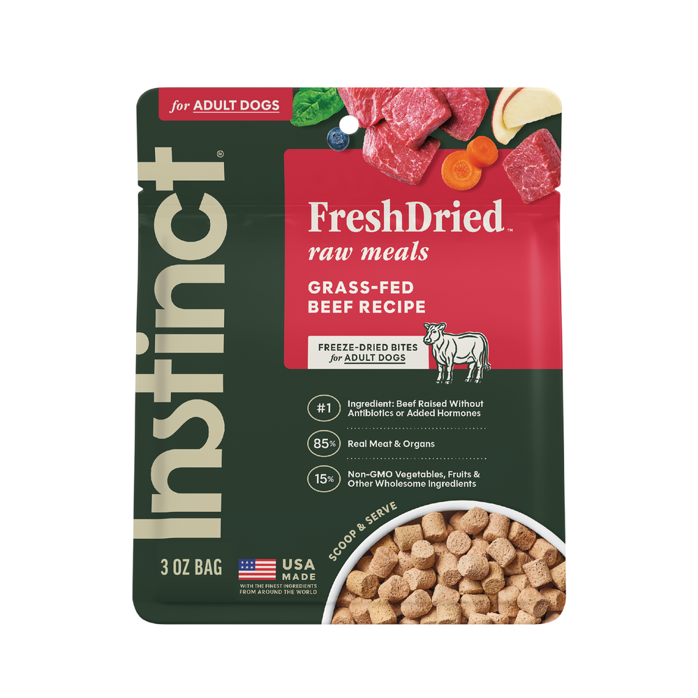 Instinct FreshDried Raw Meals Grass-Fed Beef Recipe dog 3 oz. front package