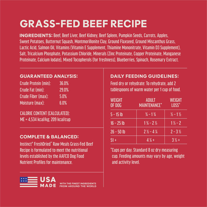Instinct FreshDried Raw Meals Grass-Fed Beef Recipe dog 14 oz. ingredients, nutrition and feeding label