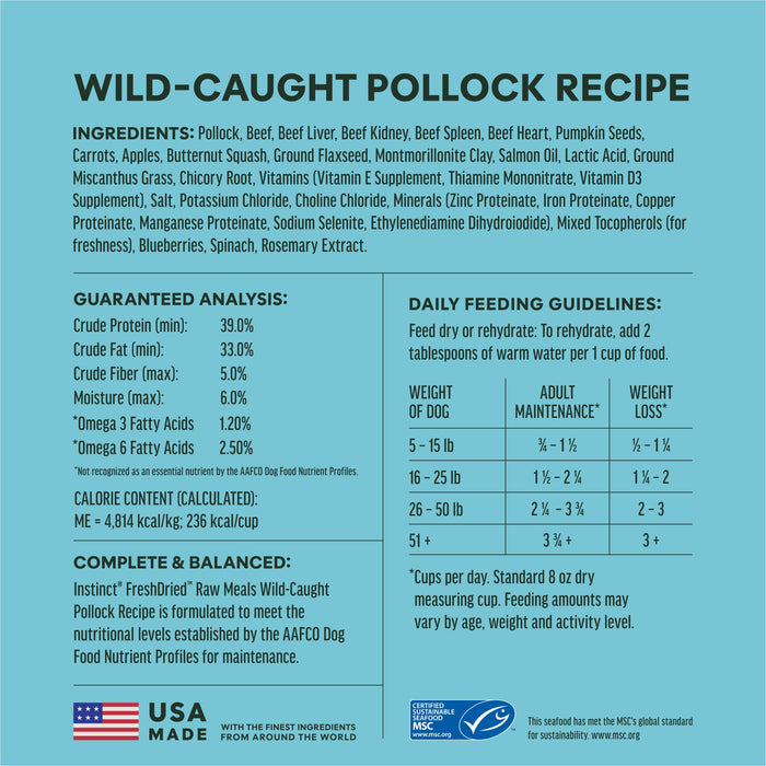 Instinct FreshDried Raw Meals Wild-Caught Pollock Recipe dog 14 oz. ingredients, nutrition and feeding label