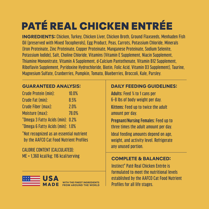 Instinct Original Patés Real Chicken Recipe cat 3 oz. ingredients, nutrition and feeding label