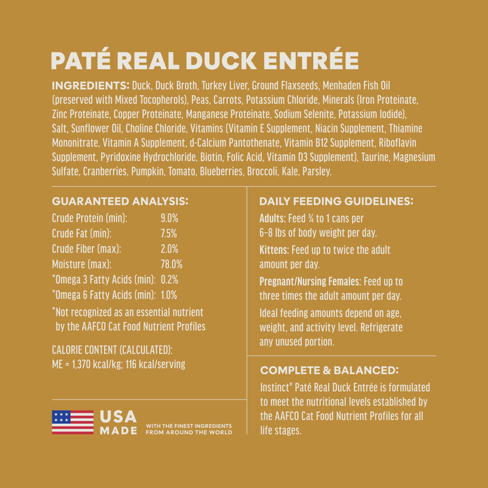 Instinct Original Patés Real Duck Recipe cat 3 oz. ingredients, nutrition and feeding label
