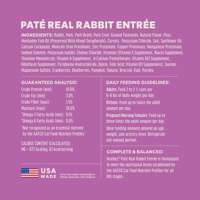 Instinct Original Patés Real Rabbit Recipe cat 3 oz. ingredients, nutrition and feeding label