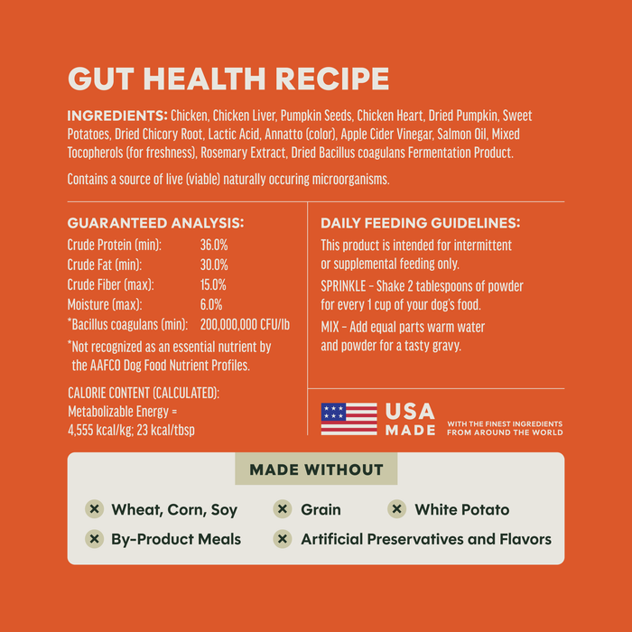 Instinct RawBoost+ Shakers Gut Health Recipe dog 5.5 oz. ingredients, nutrition and feeding label