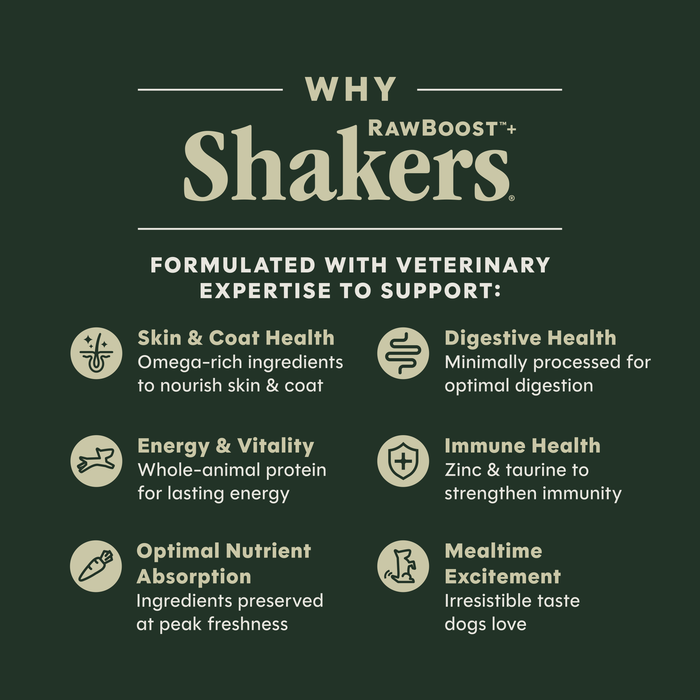 Instinct RawBoost+ Shakers Gut Health Recipe dog 5.5 oz. product benefits and recipe information