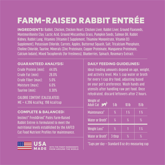 Instinct FreshDried Patés Rabbit Recipe cat 13 oz. ingredients, nutrition and feeding label