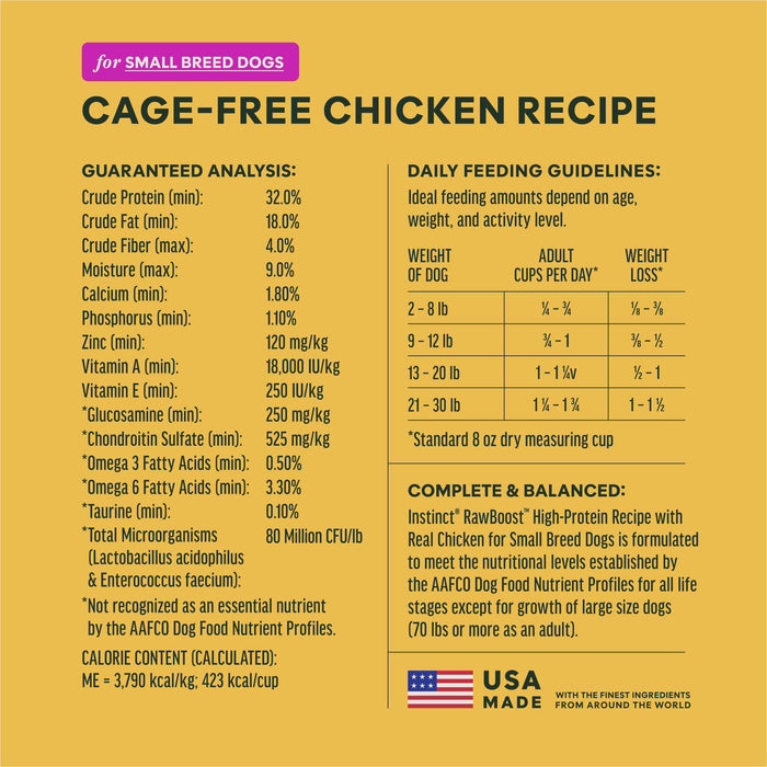 Instinct RawBoost+ Kibble for Small Breed Dogs Real Chicken Recipe dog 10 lb. ingredients, nutrition and feeding label