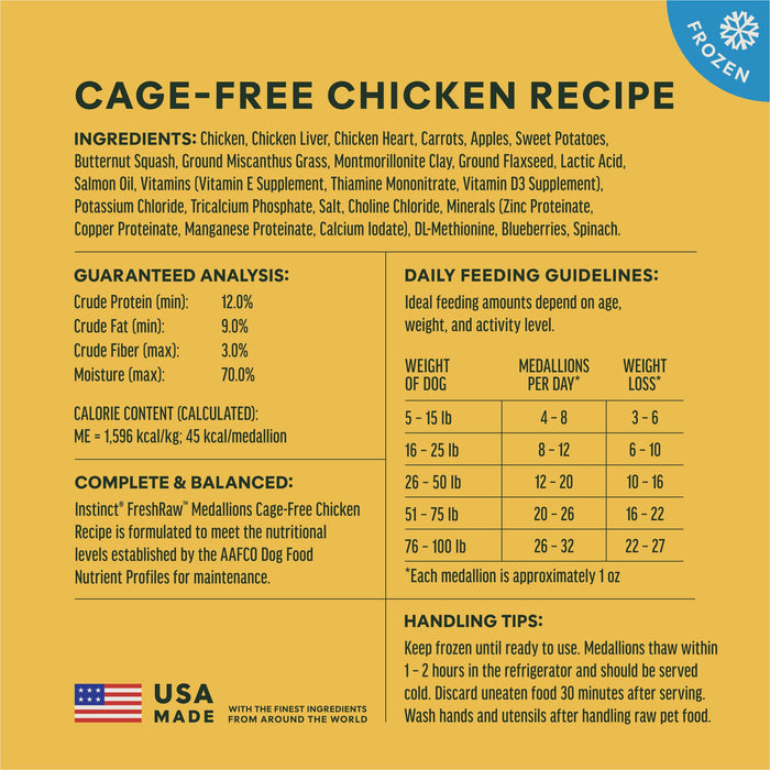 Instinct FreshRaw Medallions Cage-Free Chicken Recipe dog 3 lb. ingredients, nutrition and feeding label
