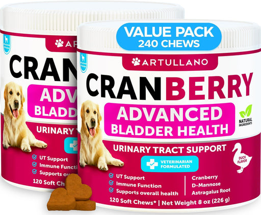 Artullano Cranberry Urinary Support Soft Chews for Dogs, Duck Flavor, 2-Pack, 240 Total