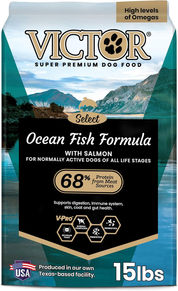 VICTOR Super Premium Dog Food – Select Ocean Fish Formula with Salmon – Omega-3 and Omega-6 Enriched Gluten-Free Dry Kibble for All Normally Active Dogs of All Life Stages.