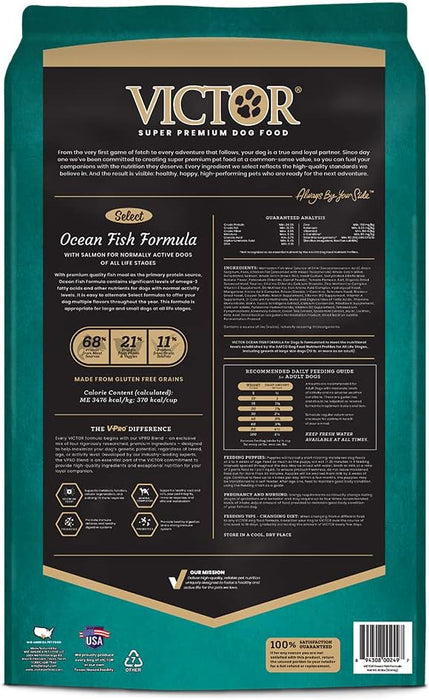 VICTOR Super Premium Dog Food – Select Ocean Fish Formula with Salmon – Omega-3 and Omega-6 Enriched Gluten-Free Dry Kibble for All Normally Active Dogs of All Life Stages.