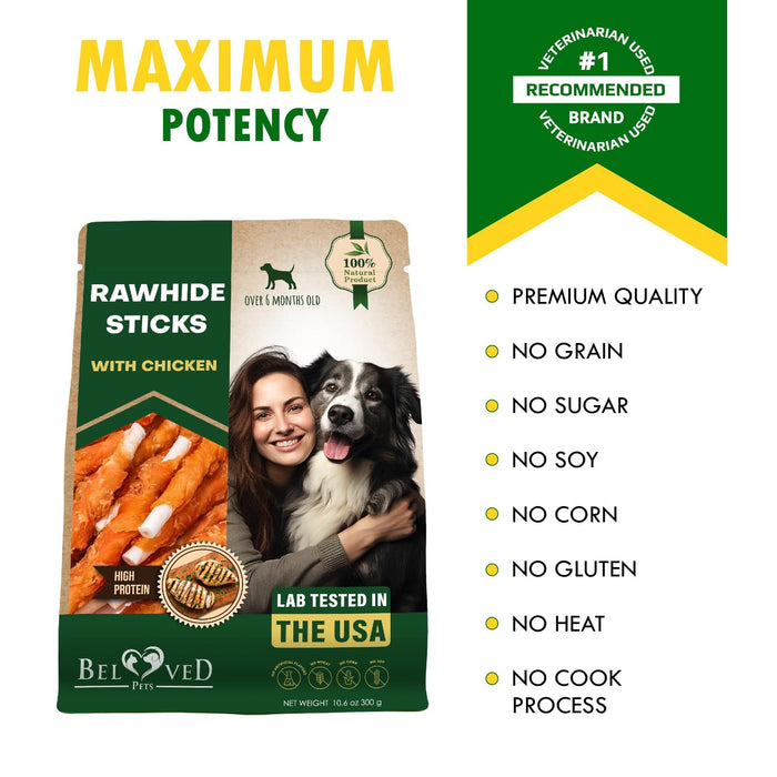 Beloved Pets Chicken-Wrapped Rawhide Dog Chew Sticks, 10.6 oz