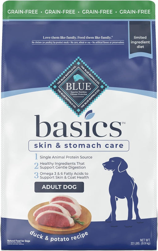 Blue Buffalo Basics Skin & Stomach Care Grain-Free Formula Duck & Potato Recipe Adult Dry Dog Food, 22-lb bag