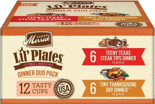 Merrick Lil’ Plates Dinner Duos Teeny Texas Steak Tips Dinner & Tiny Thanksgiving Day Dinner Variety Pack Grain-Free Wet Dog Food, 3.5-oz tub, case of 12