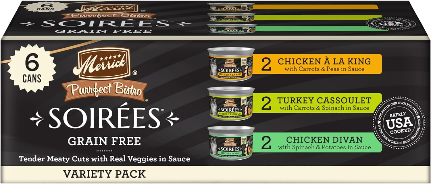 Merrick Purrfect Bistro Soirees Turkey Cassoulet, Chicken a la King, & Chicken Divan Variety Pack Grain-Free Wet Cat Food 2.75-oz can, case of 6