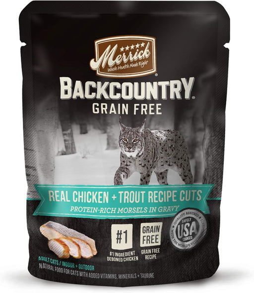 Merrick Backcountry Grain-Free Real Chicken & Trout Recipe Cuts Morsels in Gravy Cat Food Pouches (Pack of 24) 3 oz. Pouches