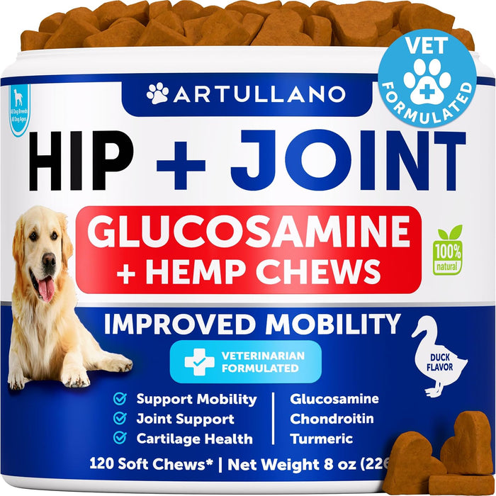 Artullano Glucosamine + Hemp Hip & Joint Soft Chews for Dogs, 120 Count