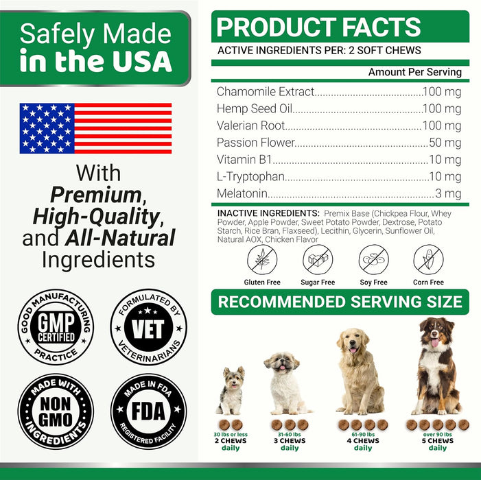 YUMA'S Hemp Calming Chews product facts with ingredient amounts per two chews and weight-based daily serving chart